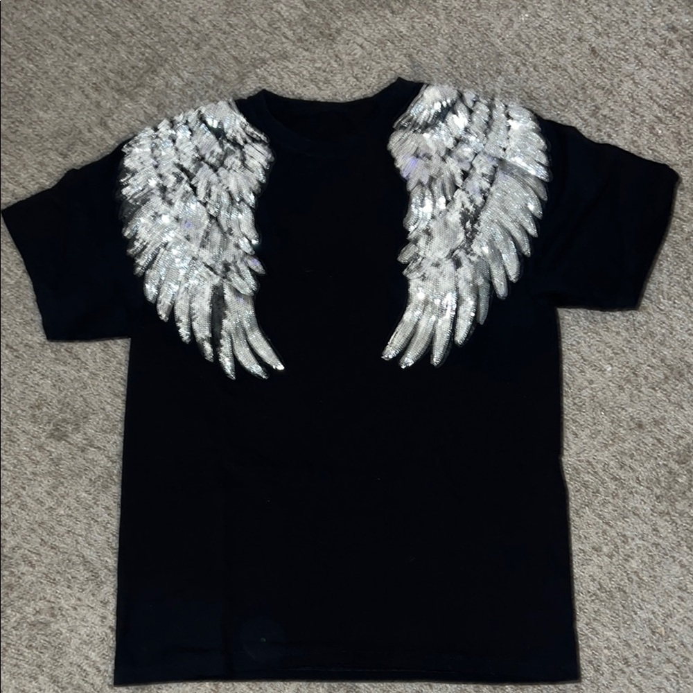 Black T-Shirt with Silver Angel Wings